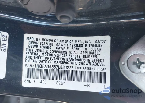 2007 Honda Civic Ex from USA, damaged, VIN 1HGFA16867L080277